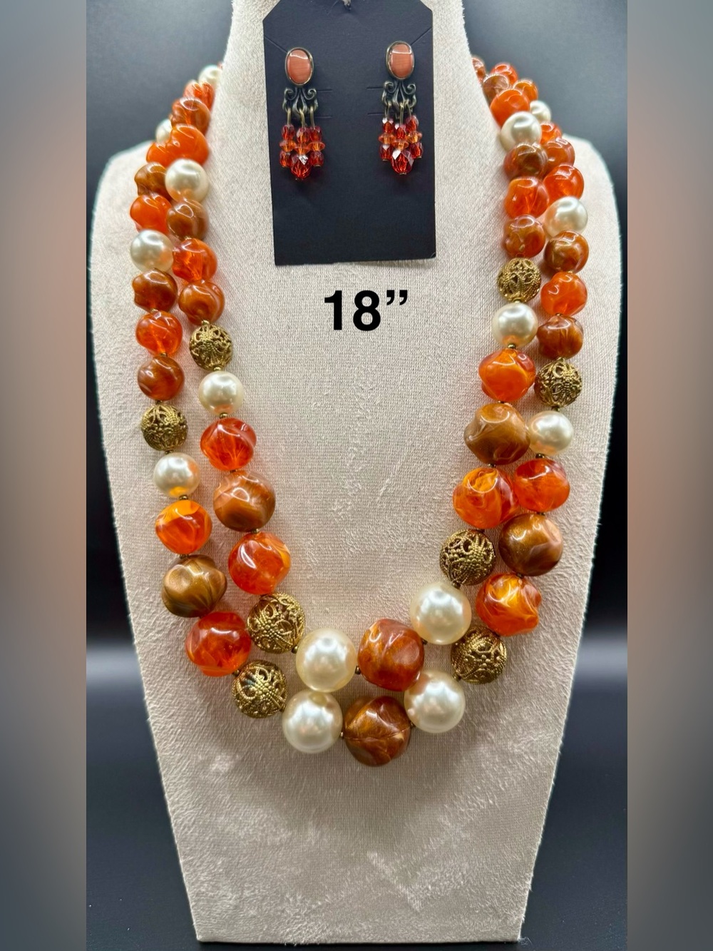 Vintage Orange Pearl & Gold Bead Necklace